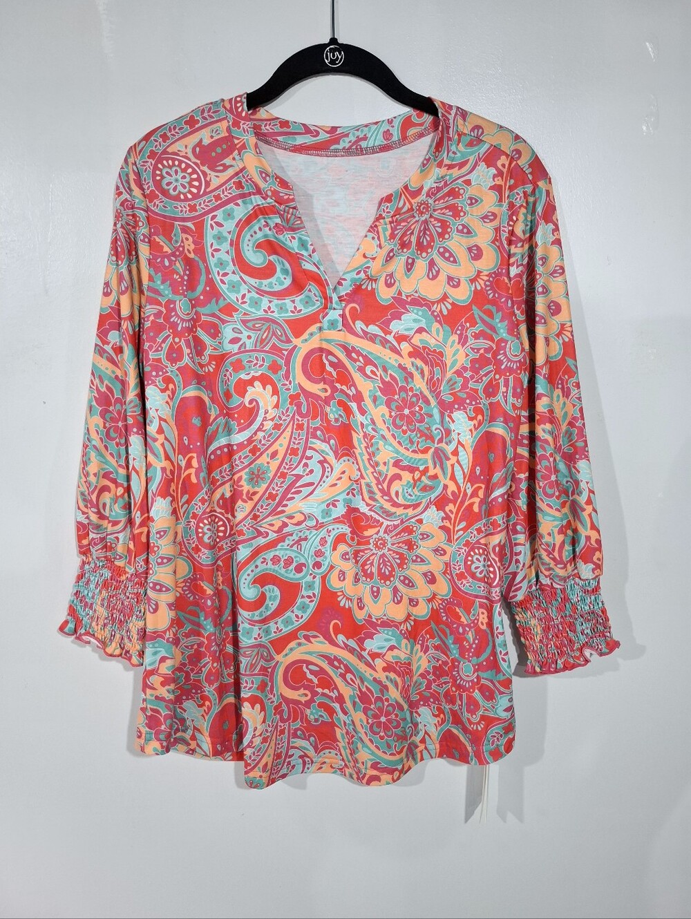 LOMON Paisley Multicolor V-Neck Tunic Top Smocked 3/4 Sleeves Soft Casual Sz M - Picture 2 of 15